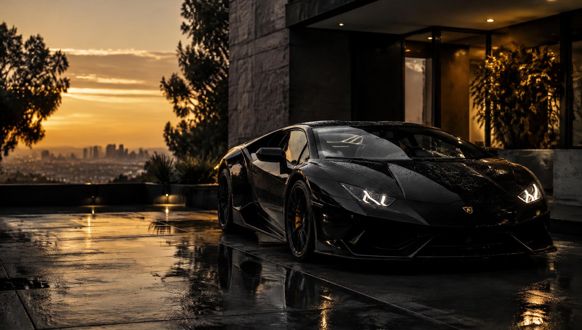 Glossy black exotic in a driveway at golden hour